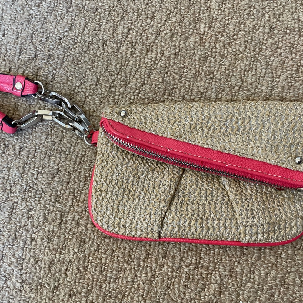 Woven wristlet in tan with coral trim